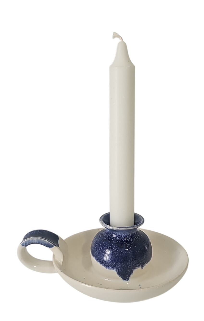 Vintage Pottery Chamberstick Candle Holder Blue Drip Glaze Handmade Stoneware